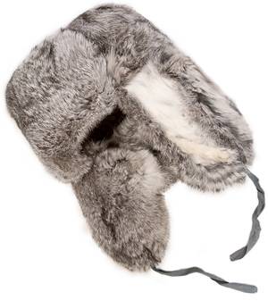 Gray rabbit fur ushanka winter hat.